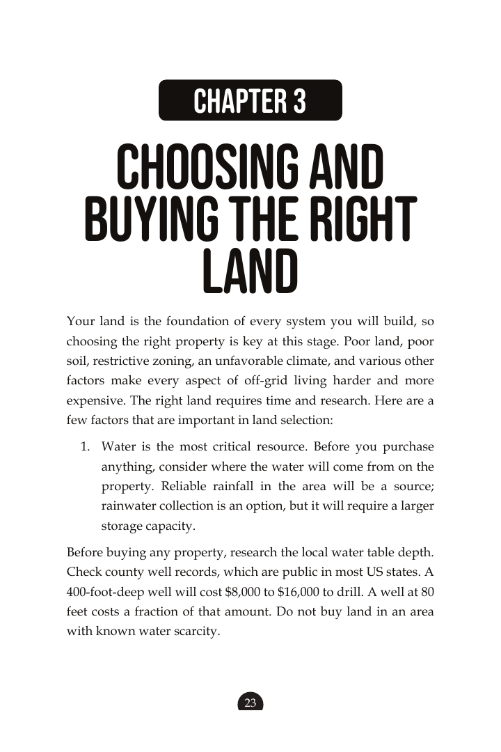 Interior page from the land chapter of The Off-Grid Survival Manual